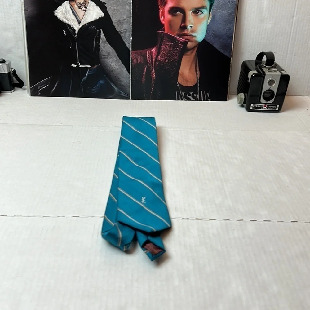Vintage 1970s YSL Yves Saint Laurent Silk Tie Teal Gold Stripe Paris New York